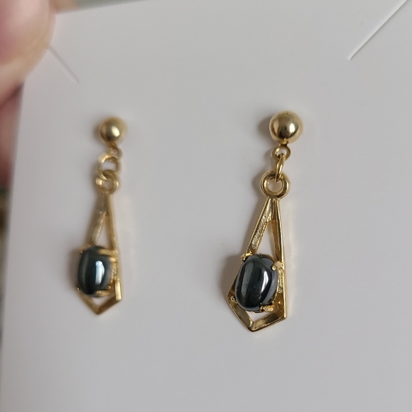 Vintage Gold Plated Ball Hematite Cabochon Drop Dangle Evening Boho Earrings - Picture 5 of 8